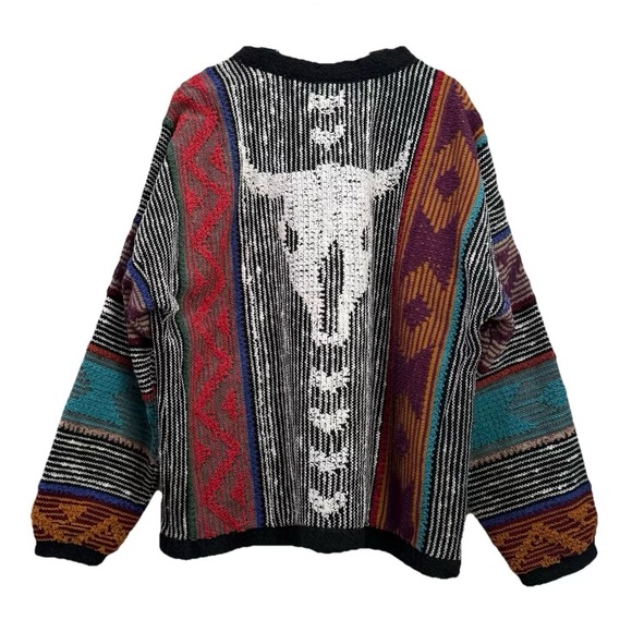 Vintage ALLEN WAH Western Aztec Skull Colorful Chunky Knit Grandpa Sweater XL - Picture 2 of 12